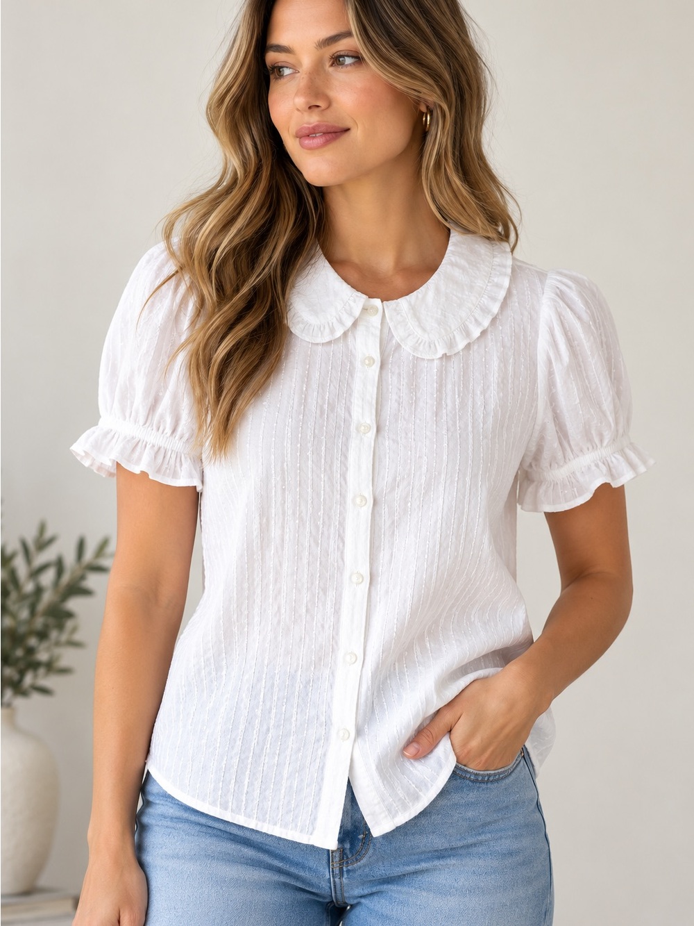 Quince Embroidered 100% Cotton Ruffle Collar Short Sleeve Blouse White XL NWT